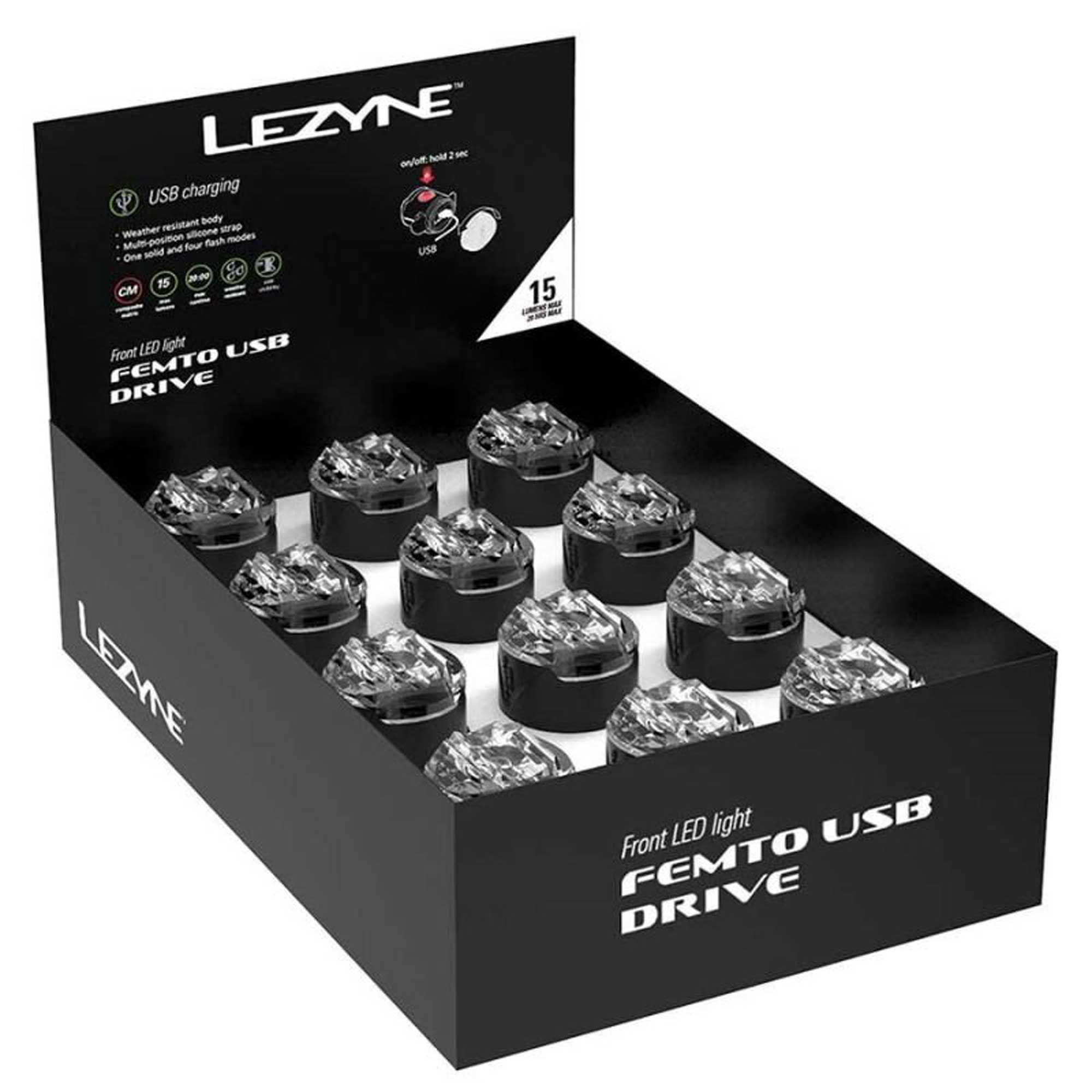 Пакування 24шт переднього світла LEZYNE FEMTO USB DRIVE FRONT BOX SET Чорниий 15 люменів Y13