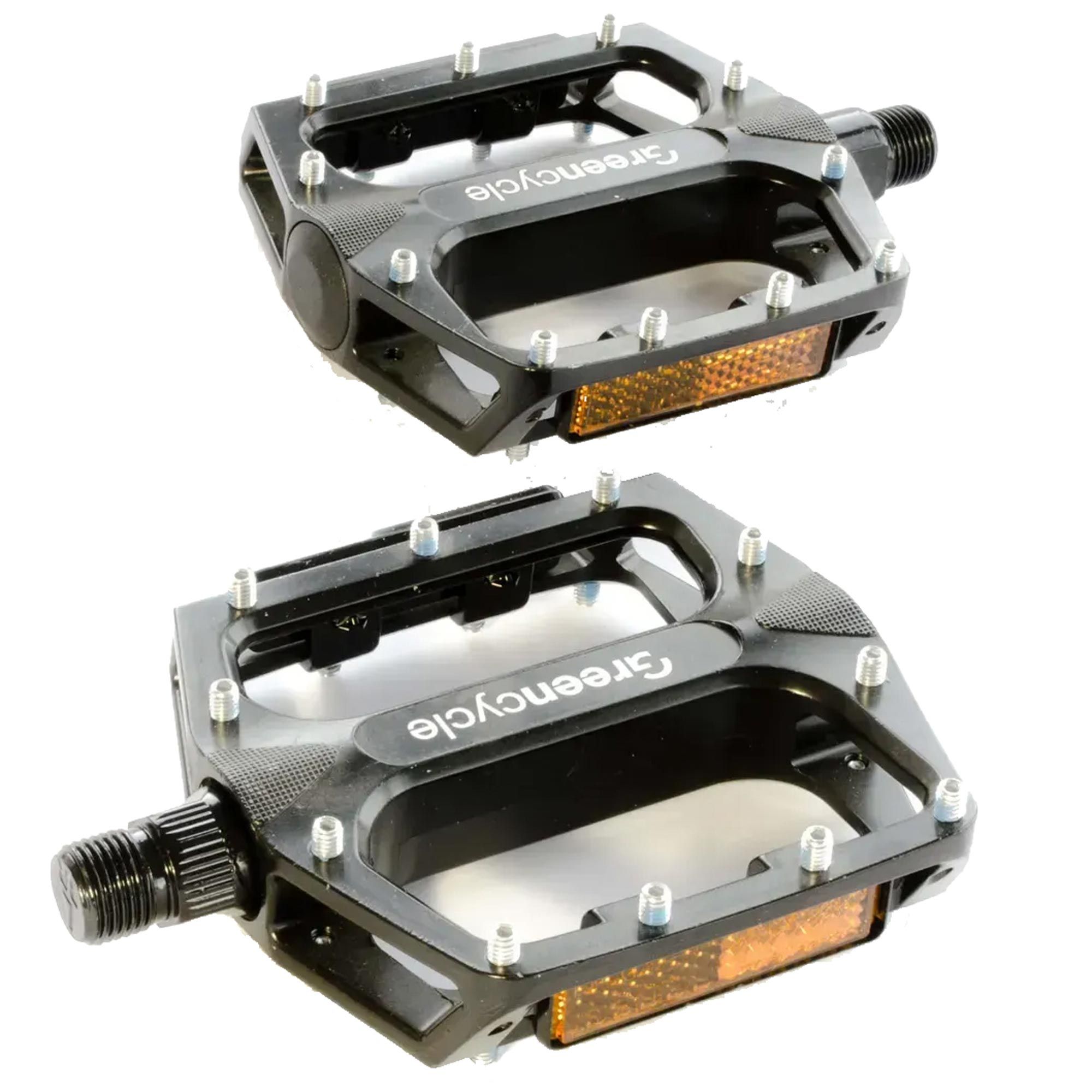 Педали Green Cycle GPD-M401, алюминиевые со стальными шипами, шариковые подшипники, ось 9/16 бористая сталь (размер 108х100х24) 404 грамм