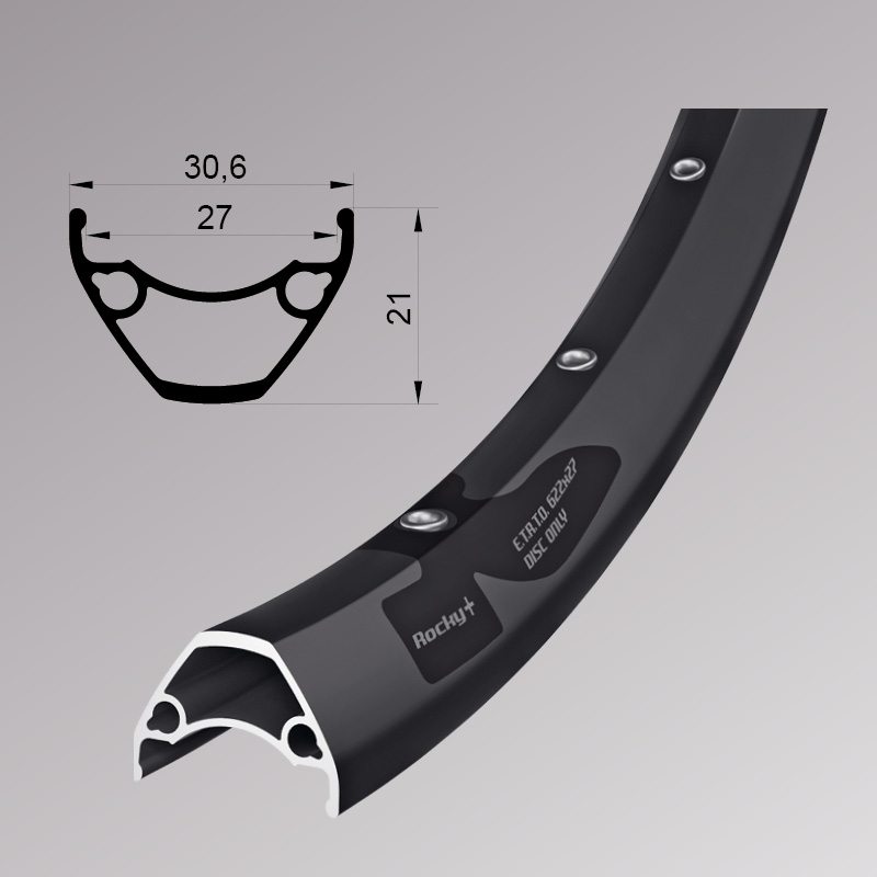 Обід Remerx ROCKY PLUS RX 3027, 27,5, 584x27, 32 отв, FV, пістонований, чорний анод., E-Bike, безкам