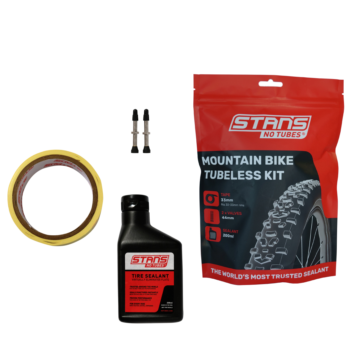 Набір Stan's Notubes Mountain Tubeless Kit 33 мм (стрічка 21мм, ніпеля 44мм, герметик 200мл)