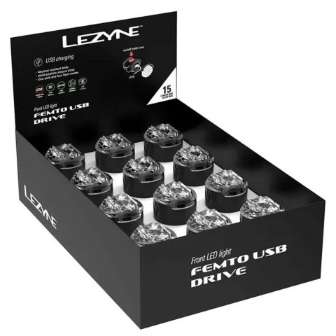Пакування 24шт переднього світла LEZYNE FEMTO USB DRIVE FRONT BOX SET Чорниий 15 люменів Y13