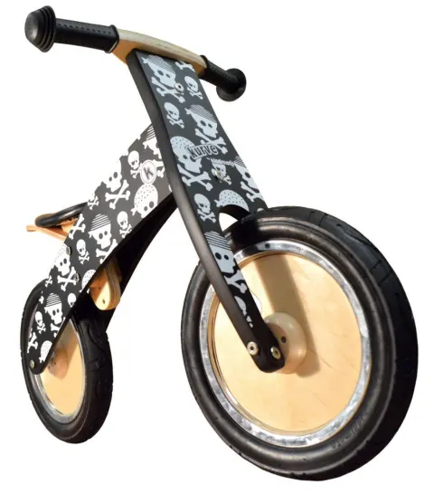 Біговел 12" Kiddimoto Kurve дерев'яний, чорний з черепами