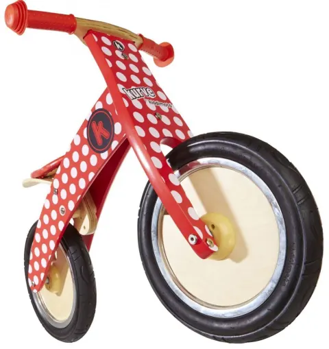 Биговел 12" Kiddimoto Kurve деревянный, красный в Белый горошек.