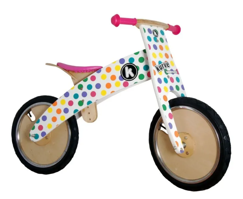 Биговел 12" Kiddimoto Kurve деревянный, Белый в цветной горошек.