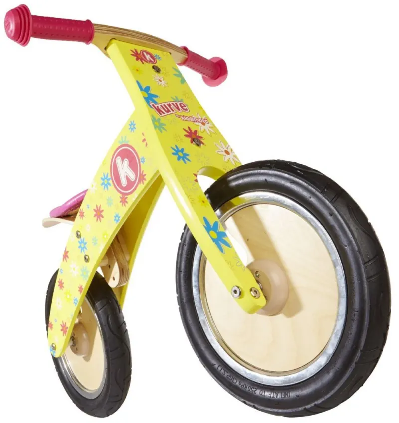 Биговел 12" Kiddimoto Kurve деревянный, желтый с цветами.