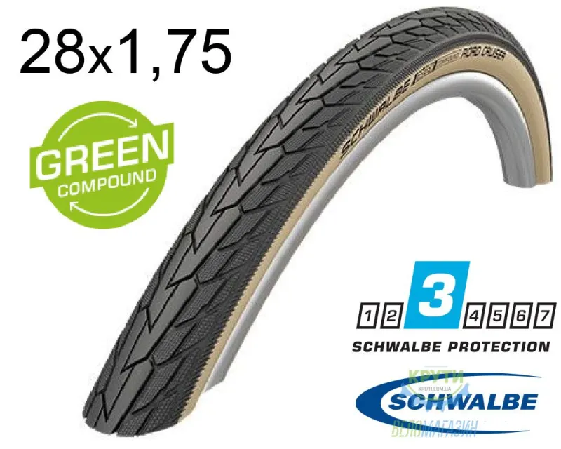 Покришка 28X1.75 (47-622) Schwalbe Road Cruiser K-Guard Active B/G Hs484 Green, 50 EPI